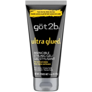 This is a six ounce tube of Got2B Glued Ultra Styling Gel, a non-sticky hair product that offers an extreme, all-night hold for vertical styles, easily removable with shampoo.