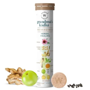 Wellbeing Nutrition Grandma's Kadha is an organic certified Ayurvedic herbal remedy with 13 potent herbs and spices like turmeric, tulsi, and ginger, used for cold, cough, flu, and sore throat relief.