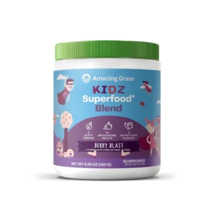 Amazing Grass Kidz Berry Superfood powder provides a delicious and convenient way for children to get their daily dose of organic fruits, vegetables, and greens.