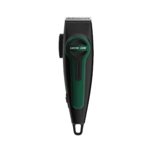 Green Lion professional hair clipper with adjustable taper lever, guide combs, and charging cable, designed for barber-quality fades and cordless use.