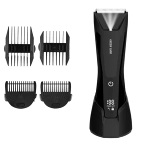 The Green Lion Pro trimmer is a cordless grooming kit for men that includes four combs, a charging cable, and a user manual to safely and easily trim face and body hair.