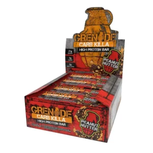 Twelve Grenade Carb Killa Peanut Nutter bars are stacked, showing the high protein, low sugar, and delicious peanut butter and chocolate layers.
