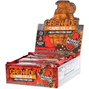 Twelve 60-gram Grenade Carb Killa Peanut Nutter protein bars, a unisex food supplement for active lifestyles.