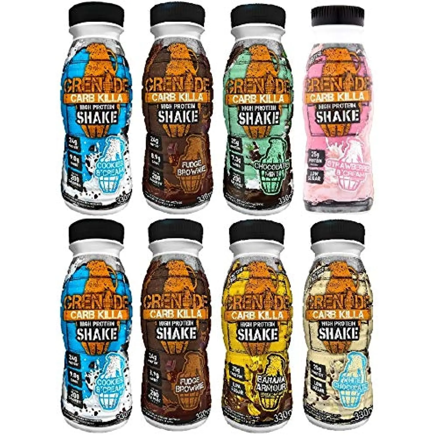 Eight bottles of Grenade Carb Killa high protein shake with mixed flavours in 330ml bottles.