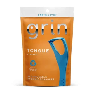 This image shows the GRIN disposable tongue cleaner, a hygienic scraper made with recycled plastic designed to remove bacteria and promote fresh breath on the go; it includes a safe fold-back pick.