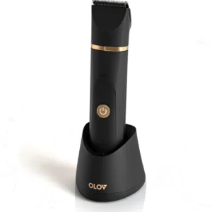 OLOV electric groin hair trimmer designed for men features a ceramic blade, replaceable heads, and includes a nose hair trimmer attachment, perfect for male hygiene.