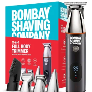 This 11-in-1 grooming kit for men features stainless steel blades, a USB rechargeable battery, and multiple attachments for beard, hair, and body trimming.