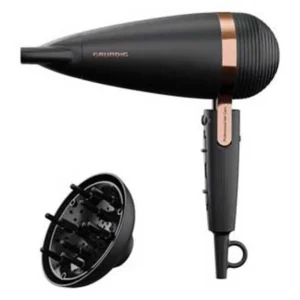 The GRUNDIG HD 8080 hair dryer features ionic function, ceramic coating with macadamia and coconut oil, 2300W power, 3 temperatures, and 2 airflow settings for fast, shiny hair.