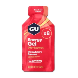 Eight-pack of GU Energy Gel in Strawberry Banana flavor provides sustained energy and electrolytes for athletes during running, biking, hiking, and skiing.