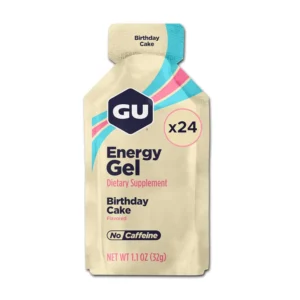 A box of 24 GU Energy Original Sports Nutrition Energy Gels in Birthday Cake flavor, caffeine-free, vegan, and gluten-free, provides 100 calories and electrolytes for optimal athletic performance.
