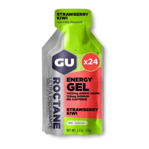 A box of 24 GU Roctane Ultra Endurance Energy Gels in Strawberry Kiwi flavor, designed for high-intensity activities and providing 100 calories, electrolytes, amino acids, and dual-source energy without caffeine.