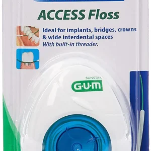 Gum Access Floss with a built-in threader for cleaning implants, bridges, crowns, and wide interdental spaces, featuring an extra-thick spongy brush for plaque removal.