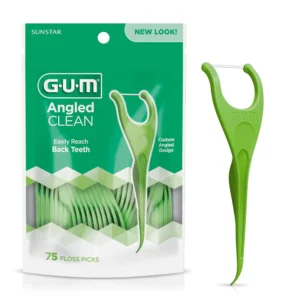 This pack contains 75 GUM angled flossers with fresh mint flavor, designed to easily reach back teeth for effective plaque removal and improved gum health.