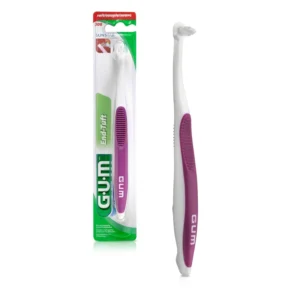 A single GUM end tuft toothbrush with an extra small head and soft bristles for cleaning hard-to-reach areas like wisdom teeth and implants.
