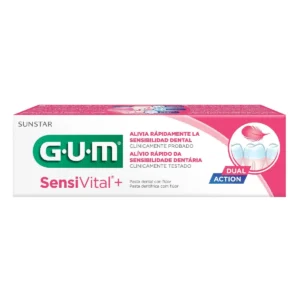 A tube of GUM Sensi Vital+ Dual Action Toothpaste with Fluoride, 75 ml, made in Italy.