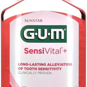 Alcohol-free GUM SensiVital+ mouthwash with peppermint flavor provides fast and long-lasting sensitivity relief, strengthens enamel, and protects against cavities.