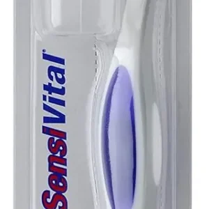 This Gum SensiVital toothbrush features ultra-soft bristles for gentle cleaning of sensitive teeth and gums, reaching deep between teeth for plaque removal.