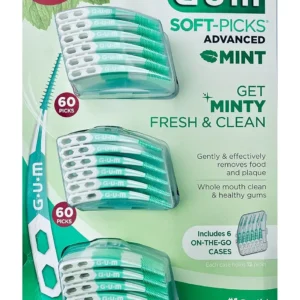 Image shows Sunstar GUM Soft-Picks Mint, disposable dental picks for cleaning between teeth, with a refreshing mint flavor and 180 picks included.