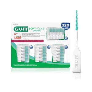 This image shows a pack of GUM Soft-Picks Original, designed with soft, flexible bristles for gentle plaque removal and gum massage between teeth.