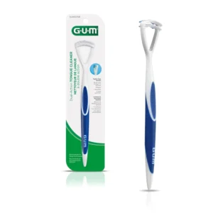 This GUM dual action tongue cleaner brush and scraper effectively removes bacteria, plaque, and debris, promoting fresher breath and optimal oral health.