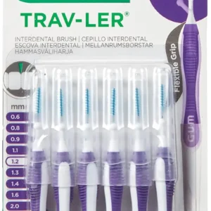 A pack of six purple Gum Trav-Ler interdental brushes designed for effective plaque removal with an ergonomic handle and antibacterial bristles.