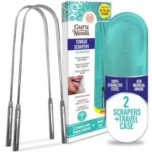 GuruNanda tongue scraper pack, made of stainless steel, helps prevent bad breath, with included travel cases.