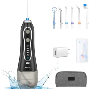 Black H2ofloss cordless oral irrigator with five pressure modes and a long-lasting rechargeable battery for effective teeth cleaning.