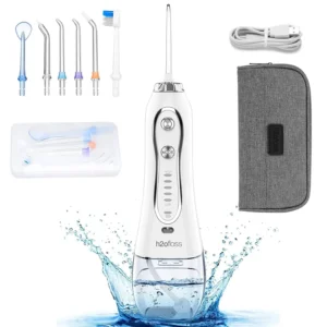 H2ofloss cordless water flosser with multiple pressure settings for portable and rechargeable dental oral irrigation.