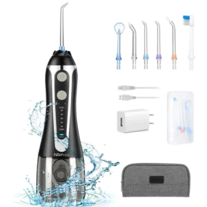 H2ofloss cordless water flosser for teeth cleaning, with multiple nozzles, pressure settings, and a waterproof design, shown for home or travel use.