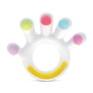 The Haakaa palm teether is made of soft, food-grade silicone with raised ridges to gently massage baby's gums and can be frozen for extra soothing relief.