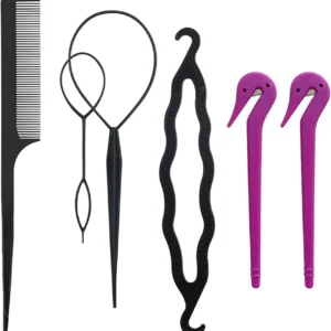 Six piece hair tool set includes rubber band cutter and hair styling tools to effortlessly create braids and ponytails without damage.