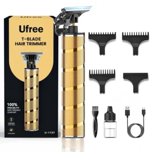 This professional hair and beard trimmer features a titanium T-blade for precise, skin-friendly trimming of hair, beards, mustaches, and sideburns, suitable for barbers and home use.