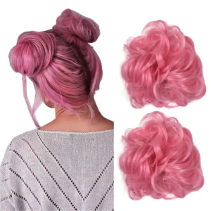 Two pink messy wavy hair bun extensions that add volume to your hair for a stylish and easy updo.