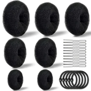 This hair bun maker kit includes doughnut bun shapers, elastic bands, and bobby pins for creating easy and elegant chignon hairstyles.