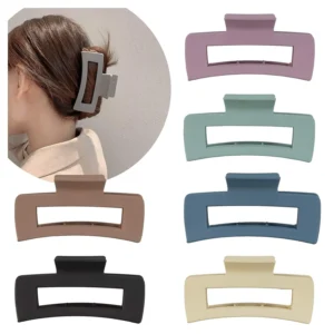 This set of six large, matte hair claw clips in assorted solid colors offers a strong, non-slip hold for styling thick or thin hair.
