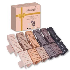 This set of 12 hair claw clips features a rubberized coating for a non-slip grip, including both 3.5-inch and 2-inch sizes in neutral colors, perfect for styling thick or long hair.
