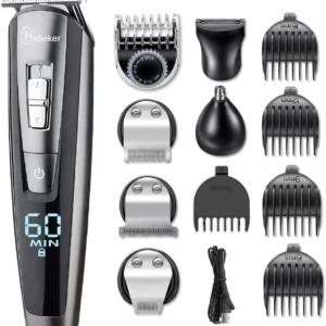 This 5-in-1 Hatteker hair clipper and beard trimmer kit includes multiple heads and guide combs for grooming hair, beard, nose, and body hair, offering a complete and waterproof grooming solution for men.