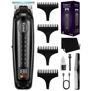 KEMEI professional hair clipper with stainless steel blades and multiple guide combs for creating fades and stylish haircuts at home or in the barbershop.