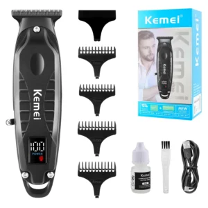 This professional cordless hair clipper for men features an adjustable blade, various combs, a powerful motor, long-lasting battery with USB charging, and an LCD display, perfect for home use and barbers.
