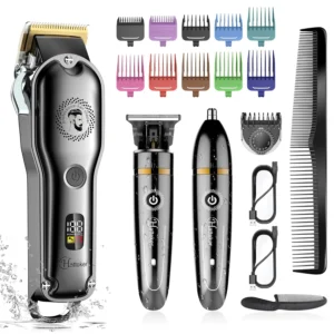 This professional hair clipper and trimmer kit for men and kids includes a hair clipper, T-blade trimmer, nose trimmer, guide combs and is IPX7 waterproof for easy cleaning.