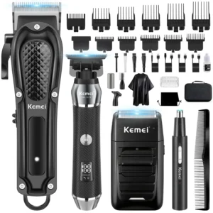 The professional hair clipper set includes a large hair clipper, beard trimmer, foil shaver, nose hair trimmer and eleven guide combs for complete grooming.