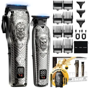 This professional cordless hair clipper and beard trimmer kit includes multiple guide combs, cleaning brush, oil, and USB charging cables for easy at-home haircuts and grooming.