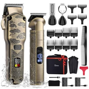Professional hair clipper and beard trimmer grooming kit with multiple attachments and LED display for easy hair cutting at home.