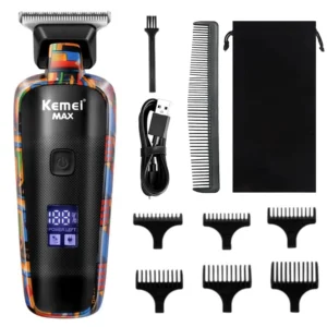 The KEMEI KM-MAX5090 professional cordless hair clippers feature a LCD display, T-shaped blade for close cutting, and come with six guide combs for various haircuts.