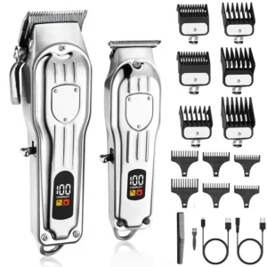 Silver cordless hair clippers and trimmers set for men, featuring an LCD display and multiple guide combs for professional barbering at home.