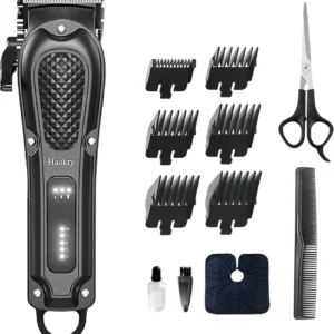 This cordless hair clipper kit for men includes multiple guards, scissors, and a cleaning brush for easy hair cutting and grooming.