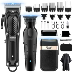 This professional hair clipper kit includes cordless clippers, a T-blade trimmer, a foil shaver, and nine guide combs for versatile haircuts and beard trimming.