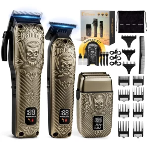 This professional hair clipper kit for men includes a hair clipper, beard trimmer, cordless shaver, guide combs, and accessories for grooming and hair cutting.
