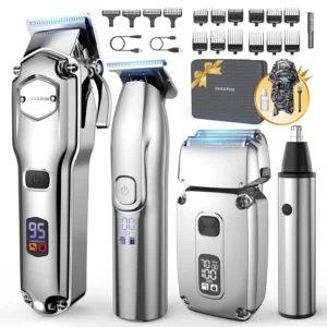 Professional hair clipper set for men includes a cordless hair trimmer, electric shaver, nose hair trimmer, guide combs and accessories for a complete grooming experience at home.