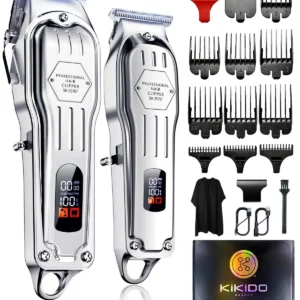 Silver KIKIDO professional cordless hair clippers with LCD display, eight guide combs, cleaning brush, and USB charging wires, designed for barbers and family haircuts.